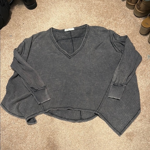 Free people We The Free Charcoal waffle oversized V-Neck Top - Picture 1 of 3